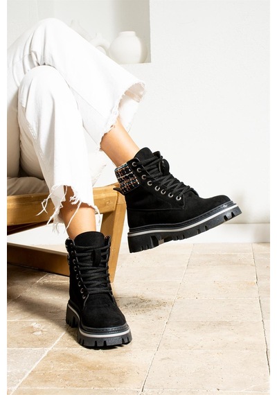 Shoetek Sophie Kadın Bot&bootie Ekoseli Triko Postal Siyah Süet Siyah Suet