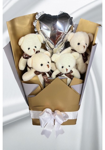 Sole Sevgiliye Özel Dore-gümüş Konsept Balonlu Romantik Peluş Ayıcık Buketi