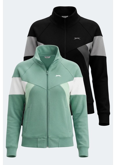 Slazenger Vıctory 2 Li Set Kadın Fermuarlı Dik Yaka Cepli Yeşil - Siyah Sweatshırt