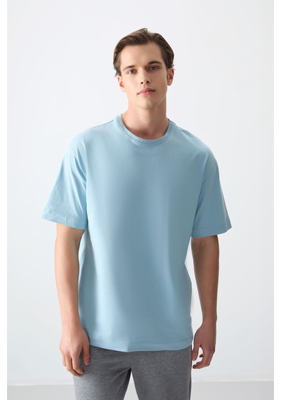 Air Jones Tommy Life Açık Mavi %100 Pamuk Kalın Yumuşak Dokulu Oversize Fit Basic Erkek T-shirt - 88353 Açik Mavi