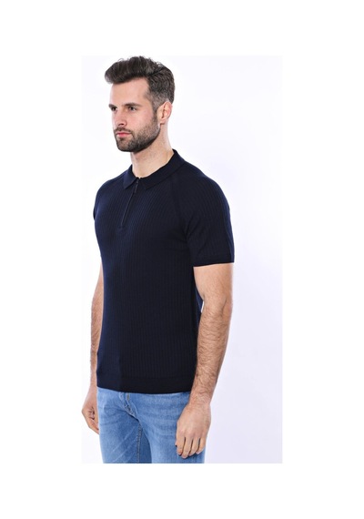 Yake Store Polo Yaka Fermuarlı Örme Lacivert Erkek T-shirt - Wessi - Lacivert siyah