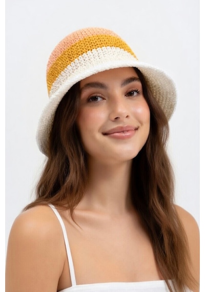 Mollycrush Kadın Sarı Geçişli Hasır Örgü Bucket Şapka Bohem Stil Plaj Ve Güneş Şapkası Sarı