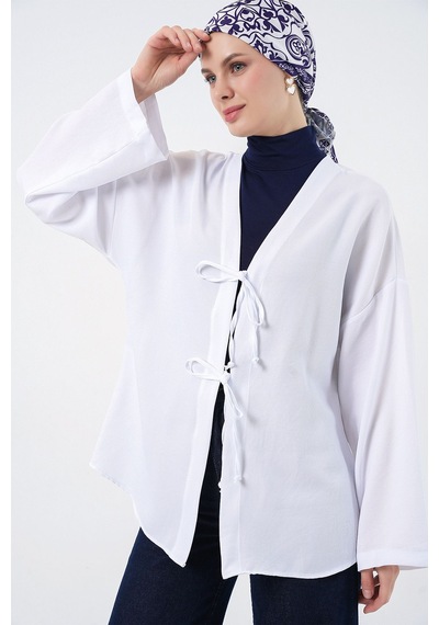 Hiccup Bdart Keten Karışımlı Uzun Kollu Önü Bağcıklı Kimono Beyaz