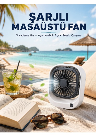 Mey İthalat Şarjlı Masaüstü Fan 3 Kademeli Hız Ayarlı Güçlü Hava Akışı