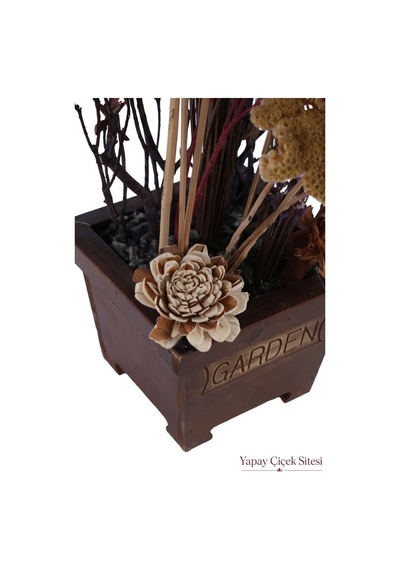 Yapay Çiçek Sitesi Ahşap Garden Saksıda Natürel Kuru Çiçek Bahçesi Tanzimi 50 Cm Çok Renkli