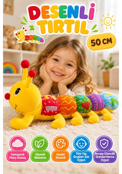 Desenli Tırtıl Pelüş Oyuncak 50 Cm Sarı Renkli Yumuşak Welsoft Kumaş Sevimli Çocuk Oyun Arkadaşı Şık