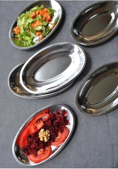 6'lı Paslanmaz Çelik Kayık Tabak Sunum Meze Tabağı 18 X 11 Cm - Düz Çok Renkli