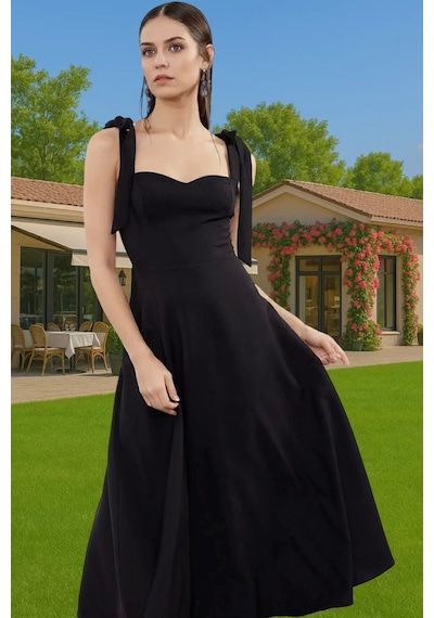 Ersefa Feminen A Kesim Midi Abiye Elbise Polyester Elastan Dokuma Kumaşt Siyah