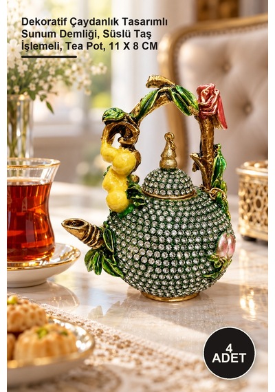 4 Adet Taşlı Demlik Dekoratif Çaydanlık Tasarımlı Sunum Demliği, Süslü Taş İşlemeli, Tea Pot, 11 X 8 Cm