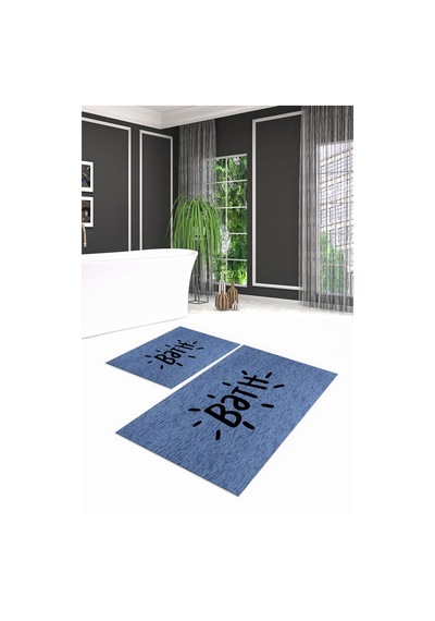 Buççin Online Mağaza Dijital Baskılı Kaymaz Yıkanabilir Bath İkili Banyo Takımı Klozet Takımı Polyester Mavi Çok Renkli