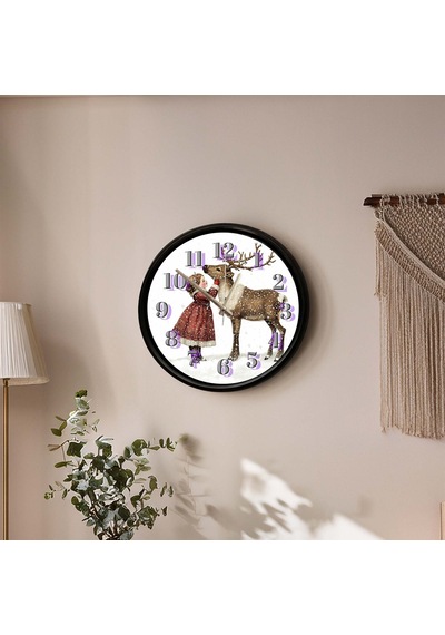 Kış Masalı Geyik Ve Kız Çocuğu Temalı Dekoratif Duvar Saati 28 Cm Sessiz Mekanizma Çok Renkli