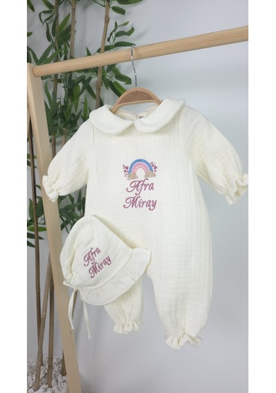 Gros Shop Müslin Yeni Doğan 4 Katlı Organik %100pamuk Kişiye Özgü Nakışlı Hastane Çıkış Seti-pudra Gökkuşağı Ekru-2