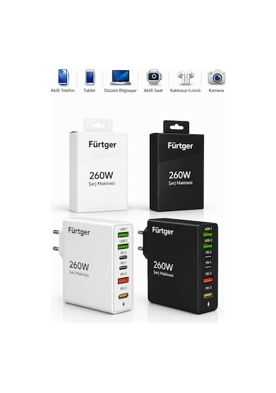 Fürtger German Frt-25w B 2 Li Set 260w 3 Type-c + 3 Usb-a Toplam 6 Çıkışlı Süper Hızlı Şarj Aleti Siyah + Beyaz