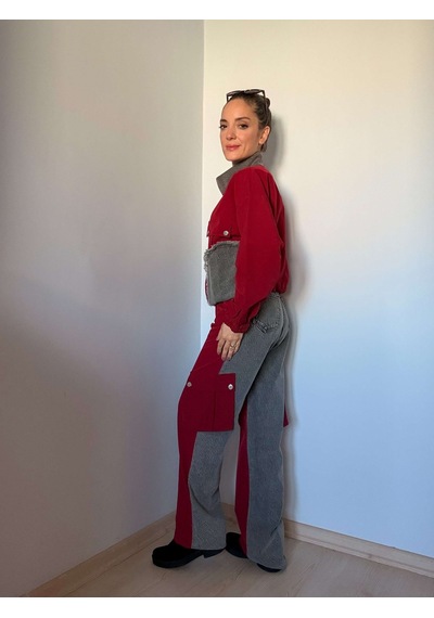 Ali Butik Bordo Paraşüt Kumaş Denim Detaylı Takım Bordo