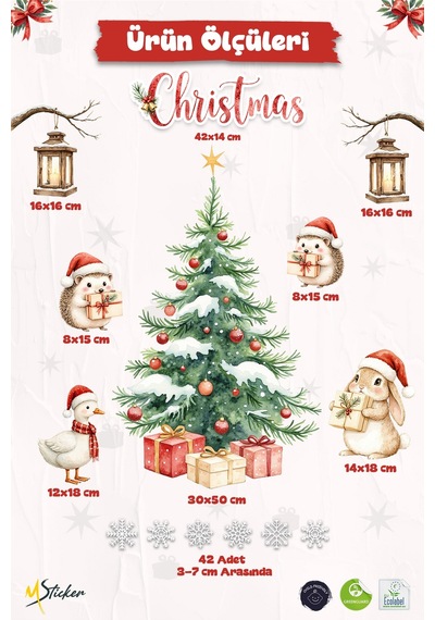 Christmas Yılbaşı Cam Sticker Seti 50 Parça Çift Taraflı Baskı, Suya Dayanıklı, Kar Tanesi Figürler Dijital Baskı