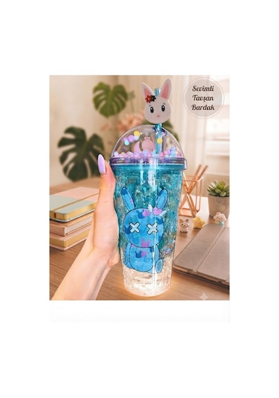 Çift Katmanlı İçecek Bardağı Led Işıklı Pipetli Kawaii Chibi Sevimli Tavşan Figürlü Suluk 450ml Mavi