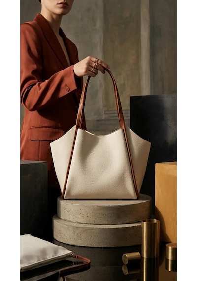 Bezos Kadın Krem Kahve Çift Renk Yumuşak Deri Omuz Çantası 30x25 Cm Ekstra Makyaj Çantalı Ob