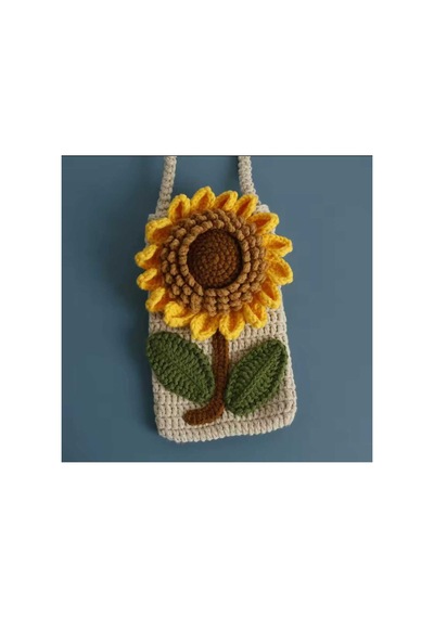 Melonndesign Ayçiçeği Motif Detaylı Handmade Örgü Telefon Çantası % 100 Cotton Trend Kadın El Çantası Sarı