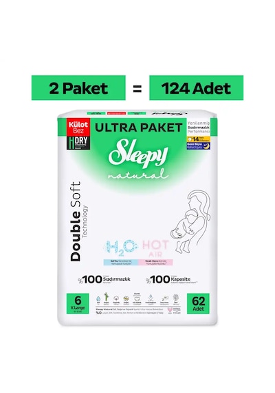 Sleepy Natural Double Soft Ultra Fırsat Paketi Külot Bez 6 Numara Xlarge 124 Adet