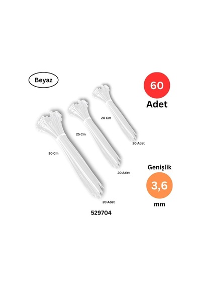Plastik Kablo Bağı, Cırt Kelepçe 200-250-300 Mm X 3.6 Mm, 60 Adet, Beyaz