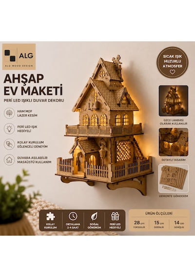 Ahşap Ev Maketi Duvar Dekoru Peri Led Işıklı Dıy Ev Modeli Duvara Asılabilir 90 Parça