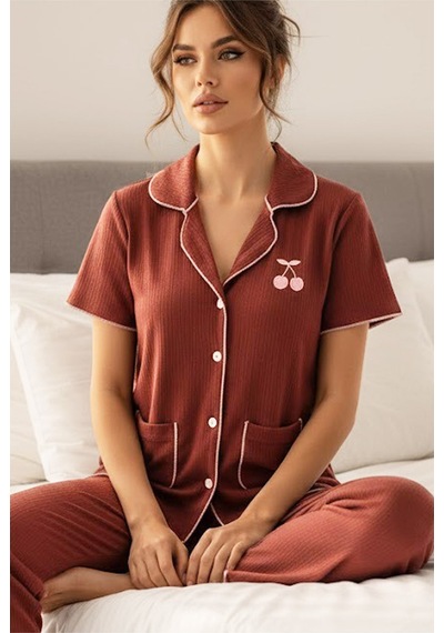 Siyah İnci Cepli Bürümcük-krınkıl Kısa Kollu Düğmeli Örme Pijama Takım 7940 Kiremit