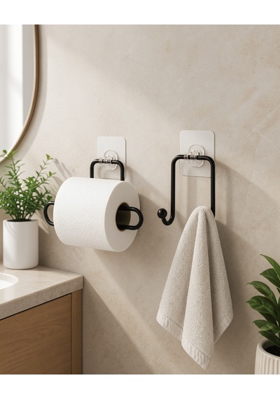 Yapışkanlı Banyo Seti 2'li Rulo Kağıt Tutucu Ve Havlu Askılığı Çok Renkli