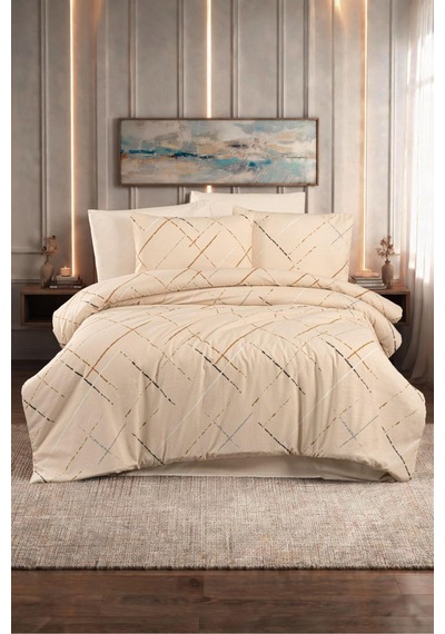 Çift Kişilik Çizgili Nevresim Takımı Bej Bej