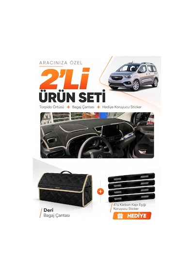 E-biz Opel Combo 2018-2023 Uyumlu Torpido Örtüsü + Deri Bagaj Çantası Seti - Siyah-bej - Op009