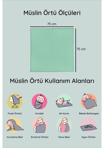 Luckka Dijital Baskılı 3'lü Müslin Örtü Seti - 75x75 Cm - Zt5000 Yeşil Yeşil