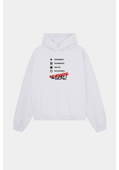 Unisex Kapüşonlu Sweatshirt - Luck Yazılı Oversize Hoodie Beyaz