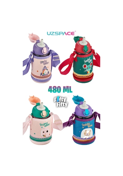 Uzspace 480 Ml Kılıflı 2 Ayrı Kapaklı Pipetli / Pipetsiz Tritan Çocuk Su Matarası Turuncu