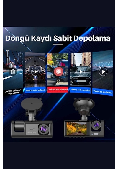 Siyah 1080p Araç İçi 3 Kameralı Lcd Ekranlı Gece Görüşlü , G-sensör , Geri Görüş Kamera