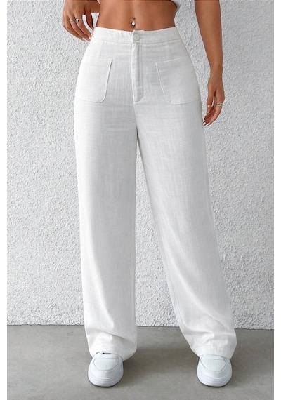 Tarz Cool Kadın Wide Leg Pantolon Ön Cep Detaylı Rahat Kalıp Günlük Pantolon Beyaz