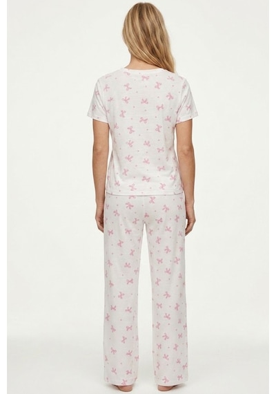Siyah İnci İnce Soft Örme Mevsimlik Pijama Takımı 8003 Beyaz Pembe Fiyonk
