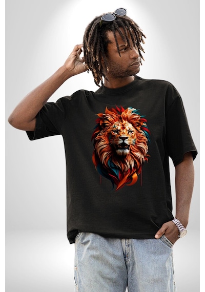 Renkli Kaplan Kükrüyor Pamuklu Bisiklet Yaka Unisex Oversize Boyfriend Dijital Baskılı Siyah T-shirt Siyah