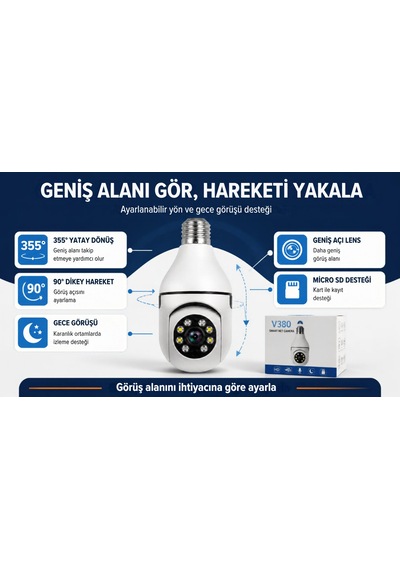 Blue Inter Ampul Tipi Wifi Güvenlik Kamerası E27 Duylu Döner Başlıklı Akıllı Kamera Uzaktan Canlı İzleme Telefon Kontrollü Gece Görüşlü