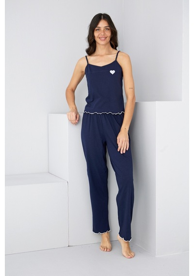 Siyah İnci İp Askılı Örme Pijama Takım 7883 Lacivert