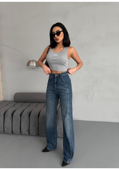 Yan Dikiş Detaylı Wide-leg Tint Jean Mavi