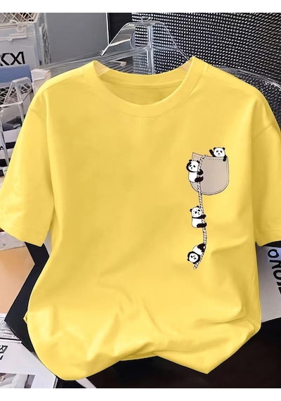Sevimli Panda Grafikli İpli Cep Detaylı Kısa Kollu Oversize Unisex Bisiklet Yaka Tişört Sari