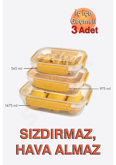 Lock&fresh Master Dikdörtgen Saklama Kabı 565,975,1675 Ml Üçlü Set Sarı