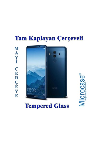 Huawei Mate 10 Pro Tam Kaplayan Çerçeveli Tempered Koruma-Mavi
