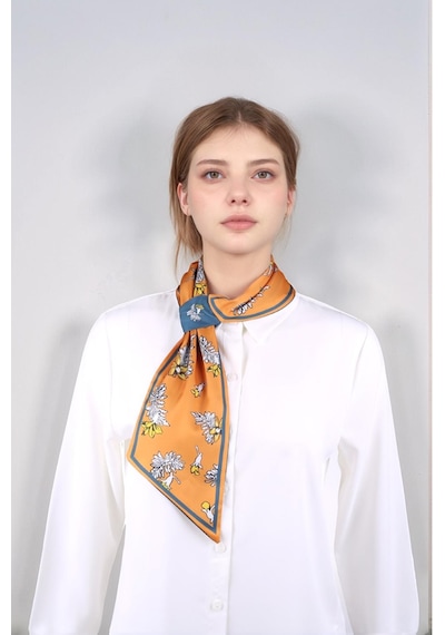 Walkenzo Çiçek Desenli Çift Taraflı Kullanıma Uygun Kadın Kravat Fular Yeşil