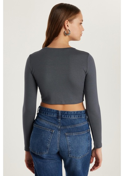 Tudors Kadın Slim Fit Dar Kesim Uzun Kollu Bisiklet Yaka Antrasit Hırka-34092 Antrasit