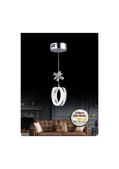 LumiaLighting Aurea Model Gümüş 3 Renk Modu Ledli Kristal Taşlı Modern Salon Mutfak Oturma Çocuk Odası Led Avize