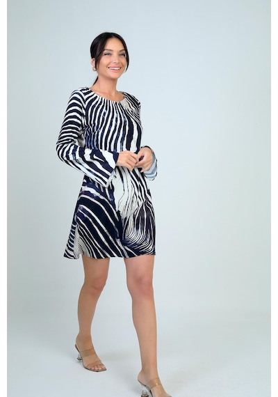 By Saygı Kadın Yuvarlak Yaka Zebra Desenli İspanyol Kol Astarlı Kısa Elbise-41735 Siyah