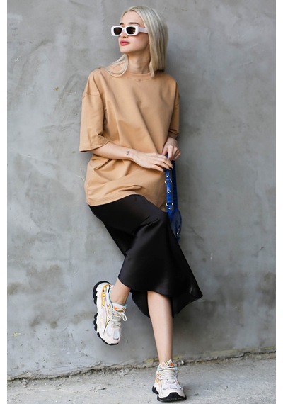 Madmext Bej Bisiklet Yaka Basic Oversize T-shirt Mg1687-bej Bej