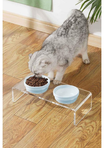 Gobypet 2'li Mavi Seramik Dekoratif Kedi Köpek Pleksi Mama & Su Kabı Paspas