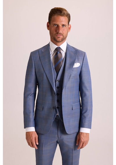 Erkek Mavi Slim Fit Sivri Yaka Yelekli Yün Takım Elbise