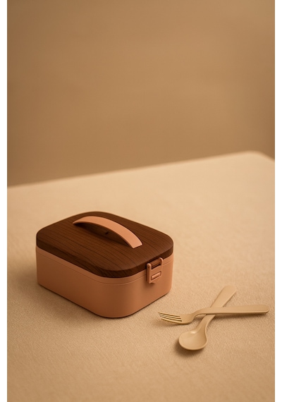 Lunchee - Çelik Bölmeli Sızdırmaz Ahşap Görünümlü Vakum Kapaklı Yemek Kabı Lunchbox 650 Ml Pembe